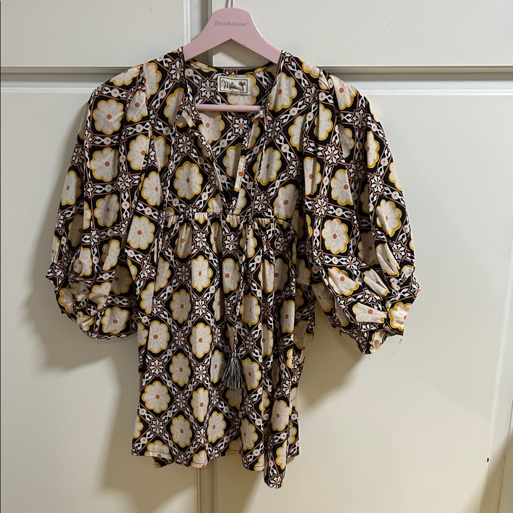 Mille Luxury Resortwear Geo Black Cream Print Charlie Cotton Peasant Top XXS